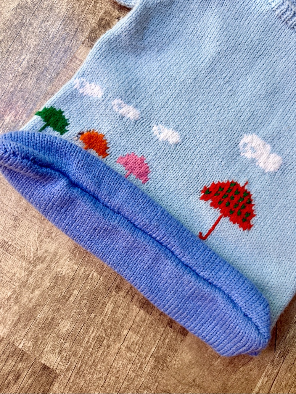 Vintage Hand Knit Baby Light Blue Sleep Sack Ducks & Umbrellas Button Shoulder - Picture 2 of 2